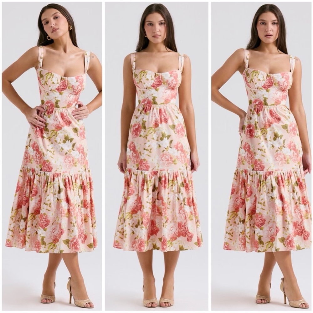 House of CB S D-DD Elia pink peony print‎ cotton midi sundress  NWOT